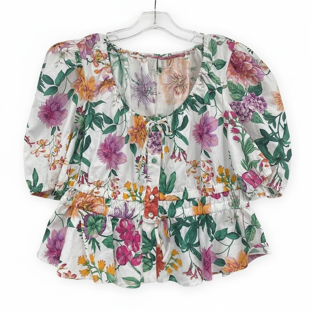 Joie White Green Pink Floral Puff Sleeve Blouse | Womens M